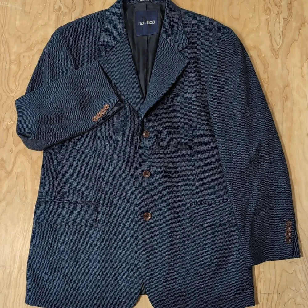 Nautica Wool/Cashmere Blend Blue Blazer Men's 42R Striped 3‎ Button